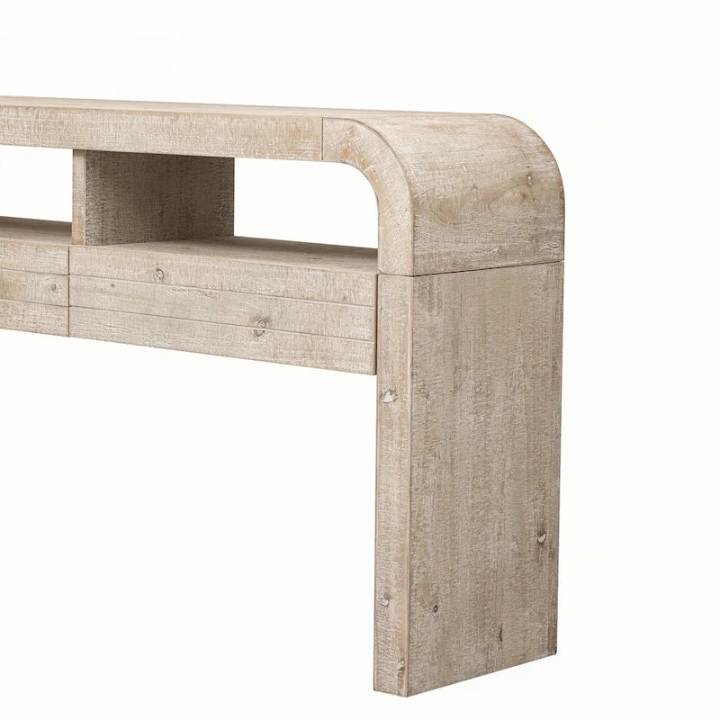 Table console en bois naturel délavé à 2 tiroirs avec étagères ouvertes, assemblage par 1 personne