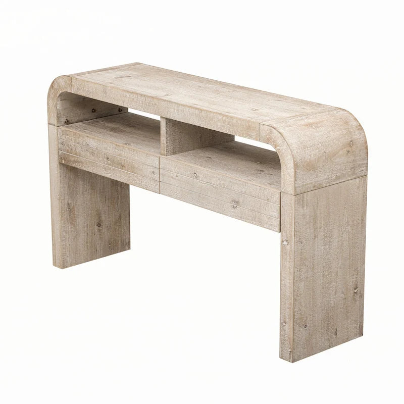 Table console en bois naturel délavé à 2 tiroirs avec étagères ouvertes, assemblage par 1 personne