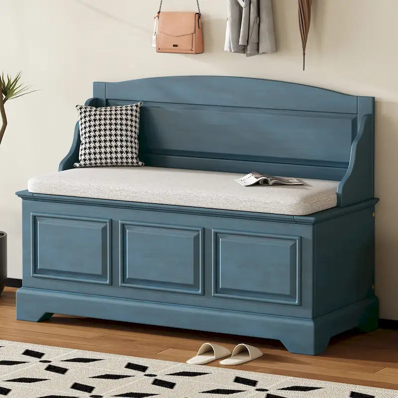Banc de rangement pour chaussures rétro avec coussin, 2 places, Blanc / Expresso / Bleu marine antique