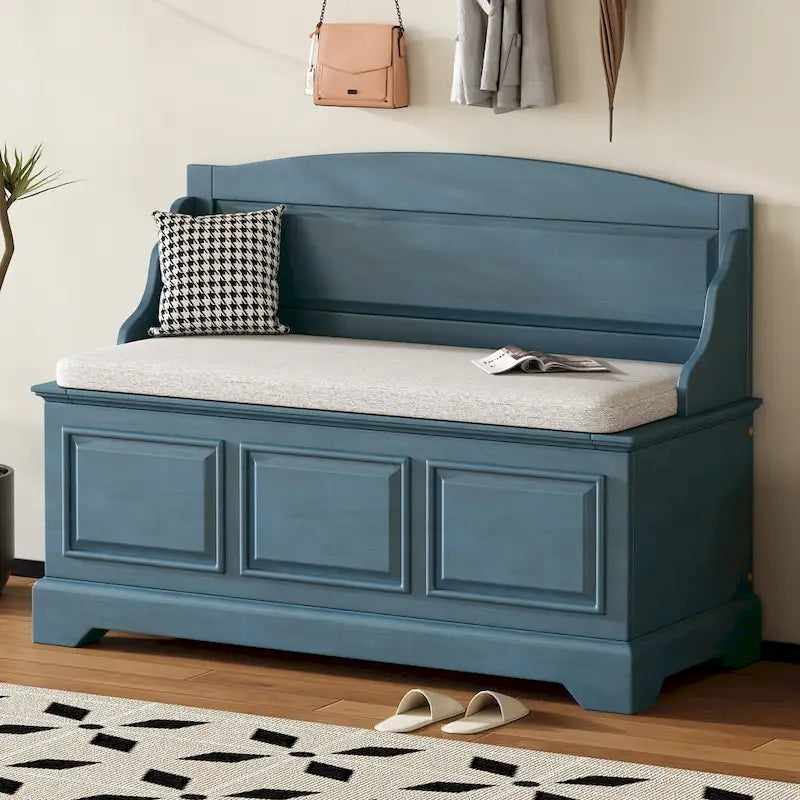 Banc de rangement pour chaussures rétro avec coussin, 2 places, Blanc / Expresso / Bleu marine antique