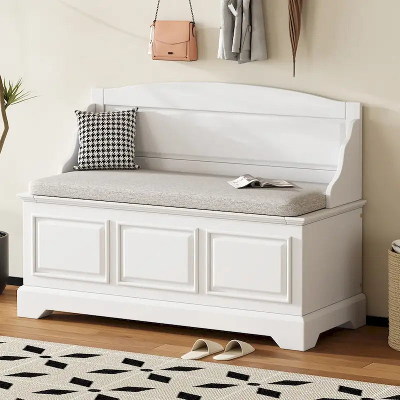 Banc de rangement pour chaussures rétro avec coussin, 2 places, Blanc / Expresso / Bleu marine antique