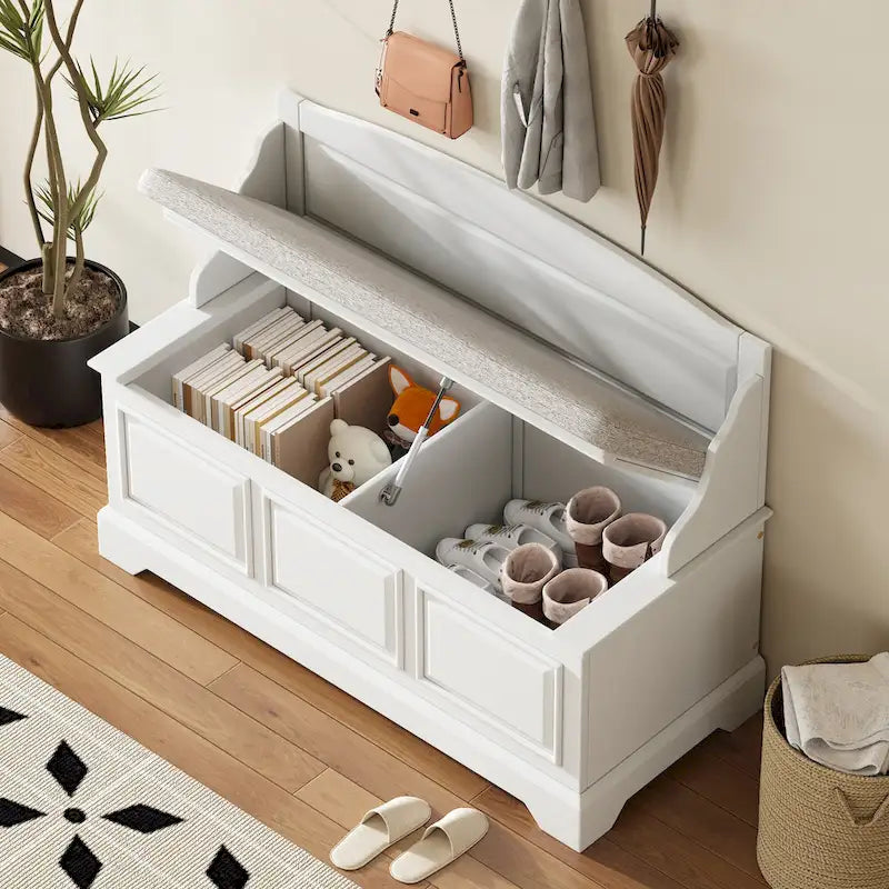 Banc de rangement pour chaussures rétro avec coussin, 2 places, Blanc / Expresso / Bleu marine antique