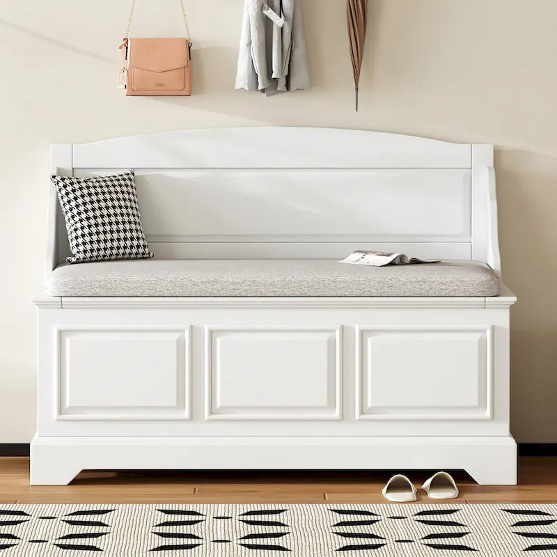 Banc de rangement pour chaussures rétro avec coussin, 2 places, Blanc / Expresso / Bleu marine antique