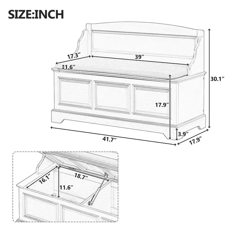 Banc de rangement pour chaussures rétro avec coussin, 2 places, Blanc / Expresso / Bleu marine antique