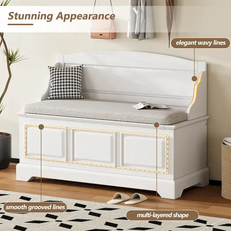Banc de rangement pour chaussures rétro avec coussin, 2 places, Blanc / Expresso / Bleu marine antique