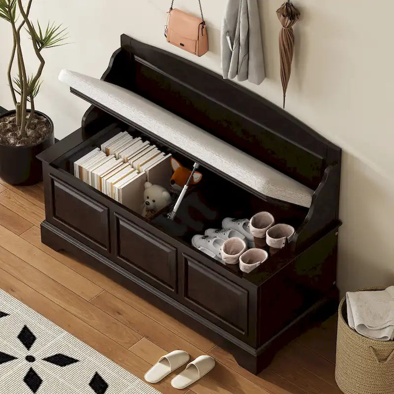 Banc de rangement pour chaussures rétro avec coussin, 2 places, Blanc / Expresso / Bleu marine antique