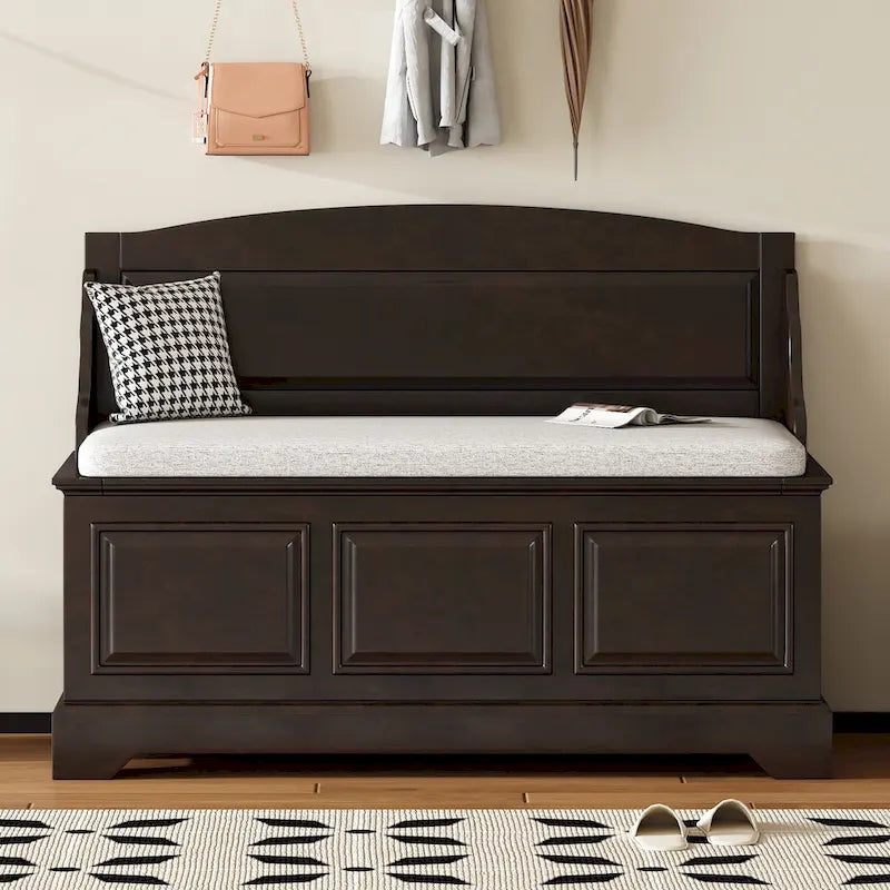 Banc de rangement pour chaussures rétro avec coussin, 2 places, Blanc / Expresso / Bleu marine antique