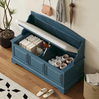 Banc de rangement pour chaussures rétro avec coussin, 2 places, Blanc / Expresso / Bleu marine antique