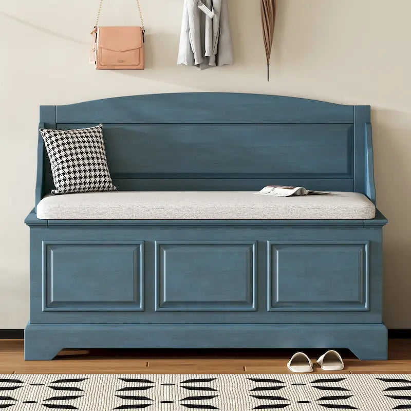 Banc de rangement pour chaussures rétro avec coussin, 2 places, Blanc / Expresso / Bleu marine antique