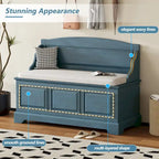 Banc de rangement pour chaussures rétro avec coussin, 2 places, Blanc / Expresso / Bleu marine antique