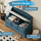 Banc de rangement pour chaussures rétro avec coussin, 2 places, Blanc / Expresso / Bleu marine antique