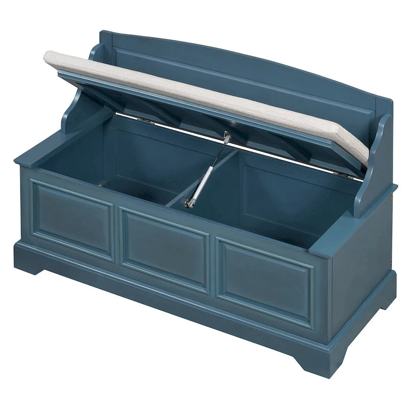 Banc de rangement pour chaussures rétro avec coussin, 2 places, Blanc / Expresso / Bleu marine antique