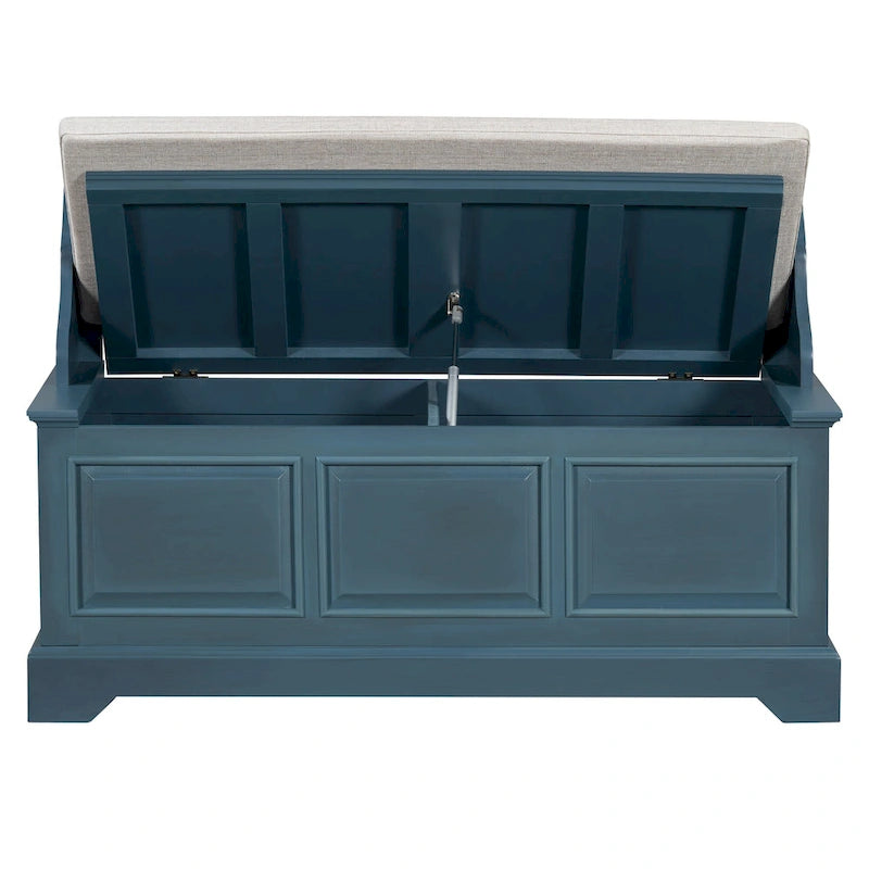 Banc de rangement pour chaussures rétro avec coussin, 2 places, Blanc / Expresso / Bleu marine antique