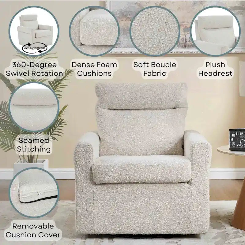 Fauteuil pivotant 1 place en tissu bouclette avoine/marron clair