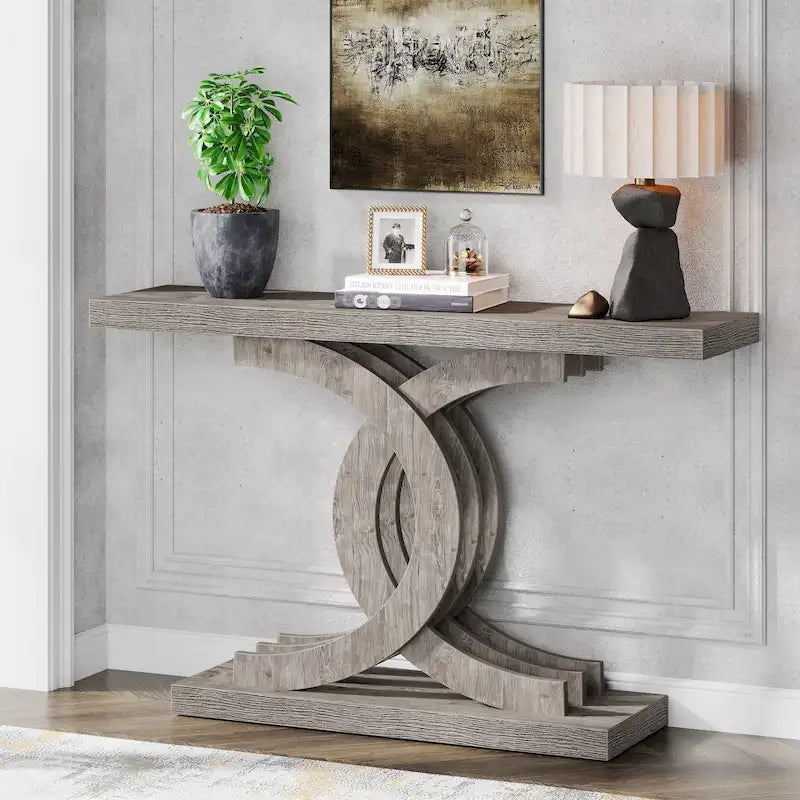 Grey / Brown Farmhouse Console Table, 39", 1-Person Assembly