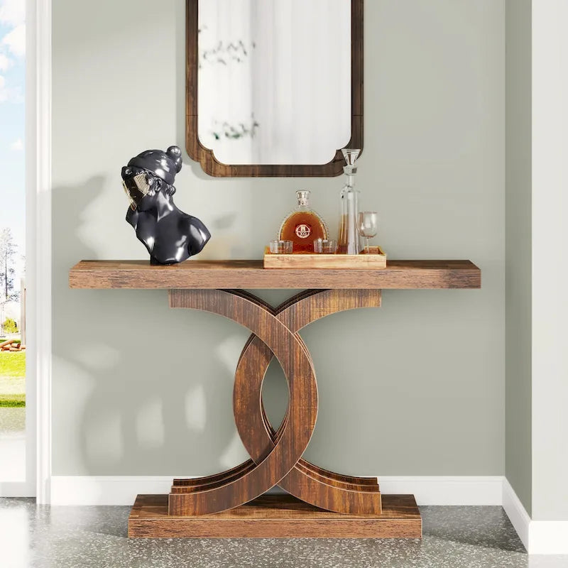 Grey / Brown Farmhouse Console Table, 39", 1-Person Assembly