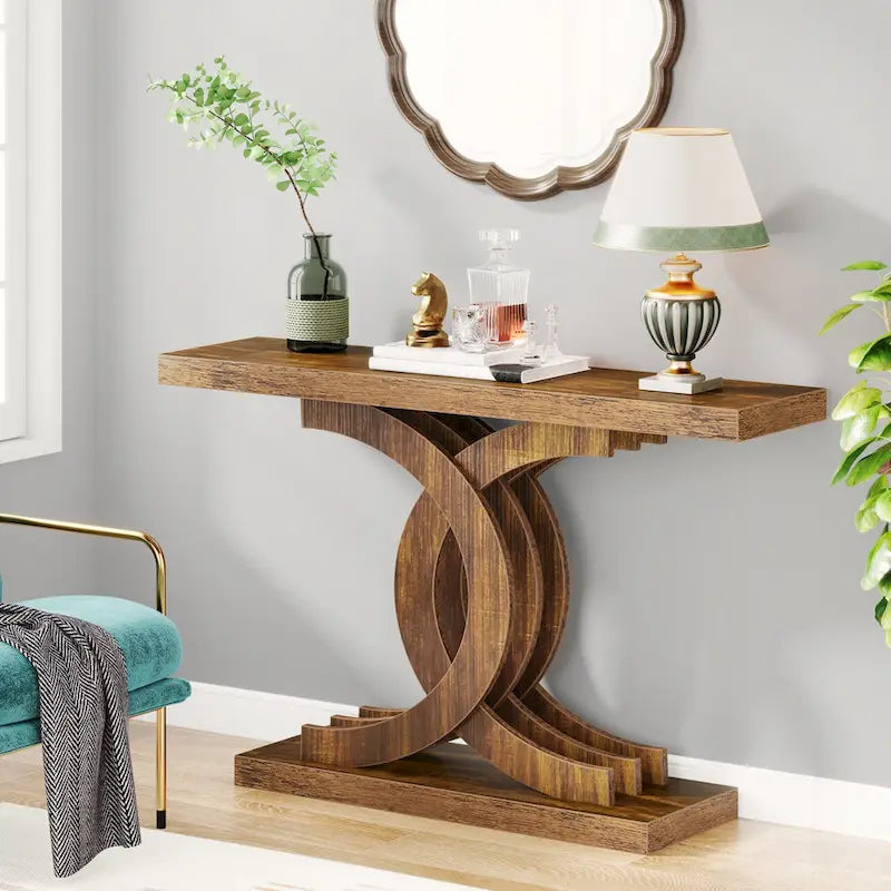 Grey / Brown Farmhouse Console Table, 39", 1-Person Assembly