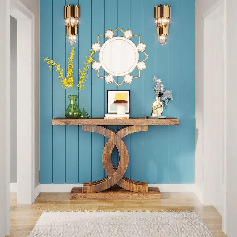 Grey / Brown Farmhouse Console Table, 39", 1-Person Assembly