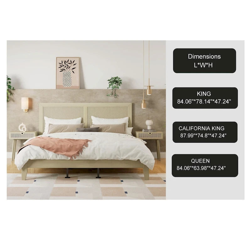 Natural King Platform Bed, Mid-Century Style, Sleeps 2