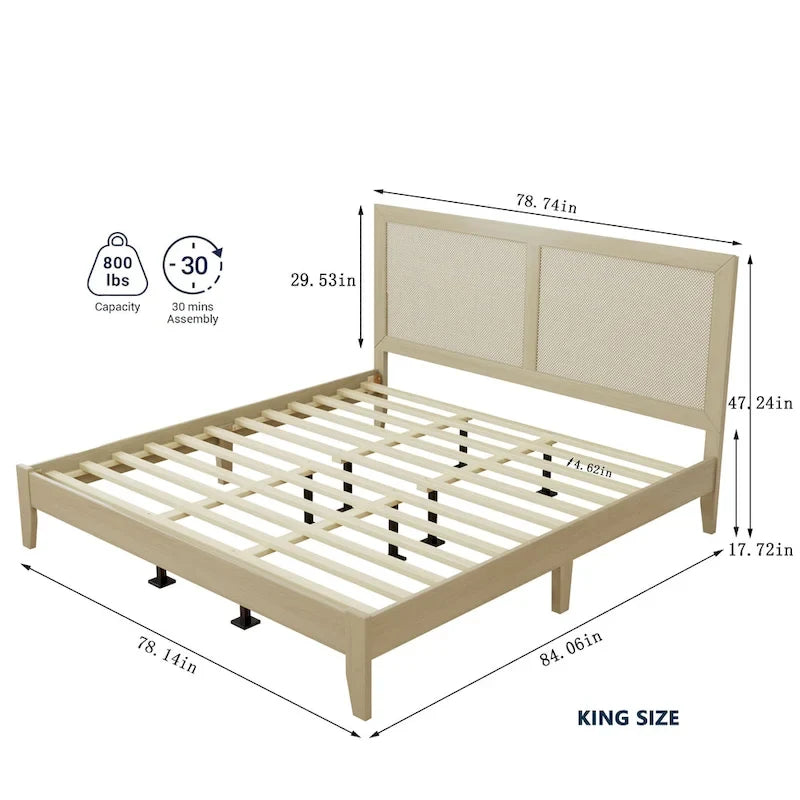 Natural King Platform Bed, Mid-Century Style, Sleeps 2