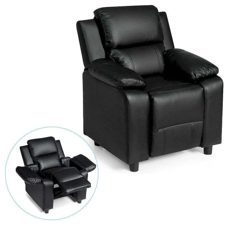 Fauteuil inclinable pour enfant en cuir PU noir avec accoudoir de rangement rabattable – 1 enfant