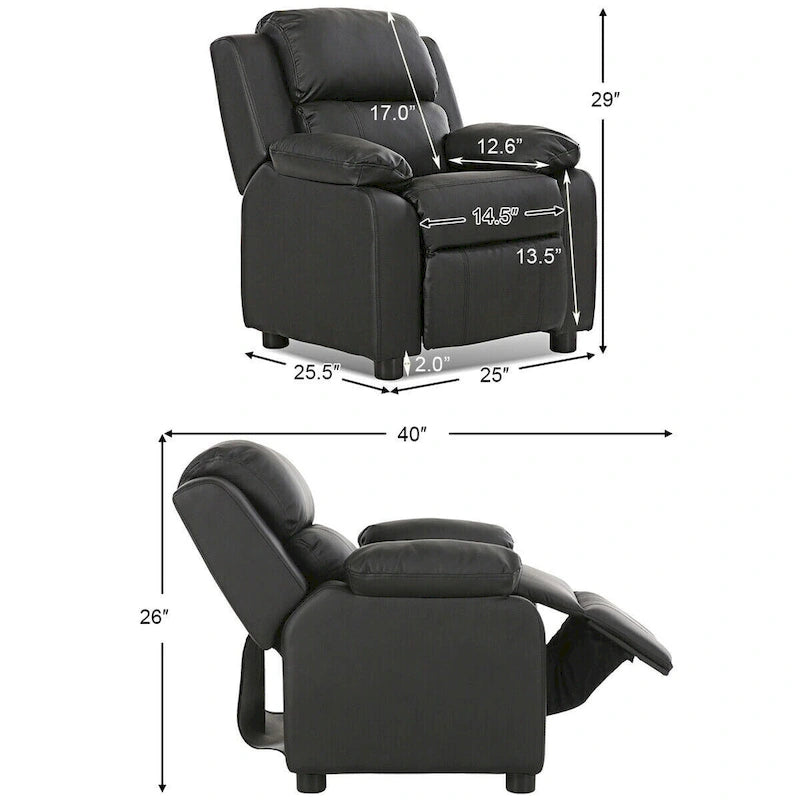 Fauteuil inclinable pour enfant en cuir PU noir avec accoudoir de rangement rabattable – 1 enfant