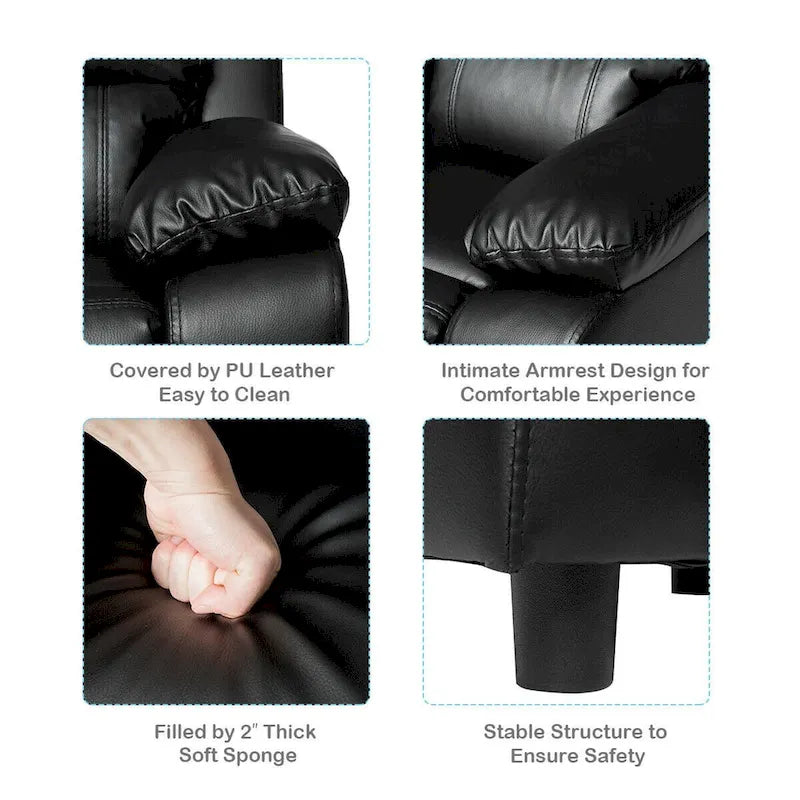 Fauteuil inclinable pour enfant en cuir PU noir avec accoudoir de rangement rabattable – 1 enfant