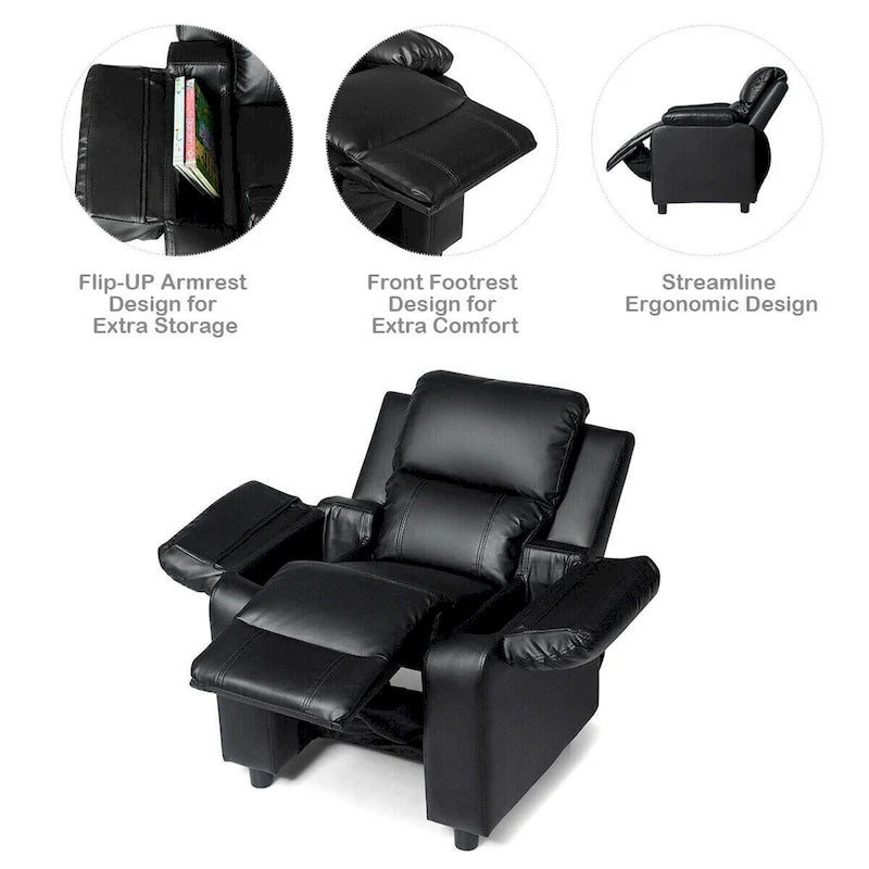 Fauteuil inclinable pour enfant en cuir PU noir avec accoudoir de rangement rabattable – 1 enfant