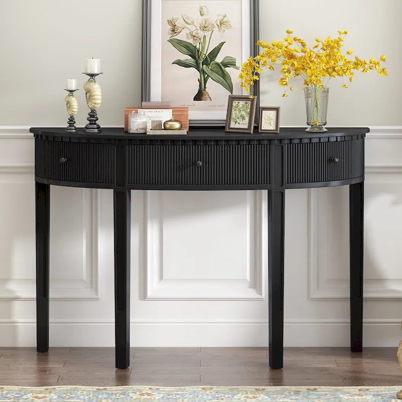 Black / Navy Blue / Antique White Console Table with 3 Stripe Drawers, 1-Person Assembly, for Entryway & Hallway