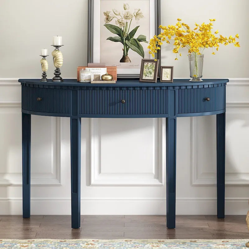 Black / Navy Blue / Antique White Console Table with 3 Stripe Drawers, 1-Person Assembly, for Entryway & Hallway