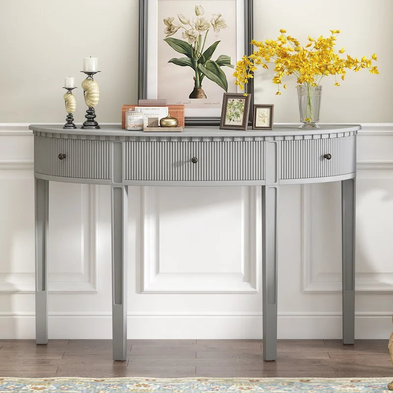 Black / Navy Blue / Antique White Console Table with 3 Stripe Drawers, 1-Person Assembly, for Entryway & Hallway