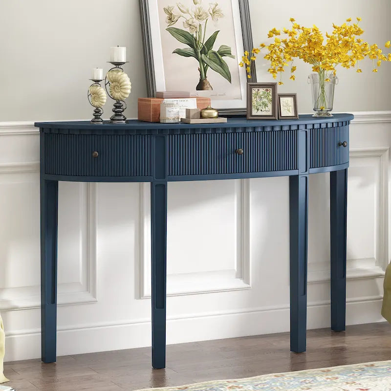 Black / Navy Blue / Antique White Console Table with 3 Stripe Drawers, 1-Person Assembly, for Entryway & Hallway