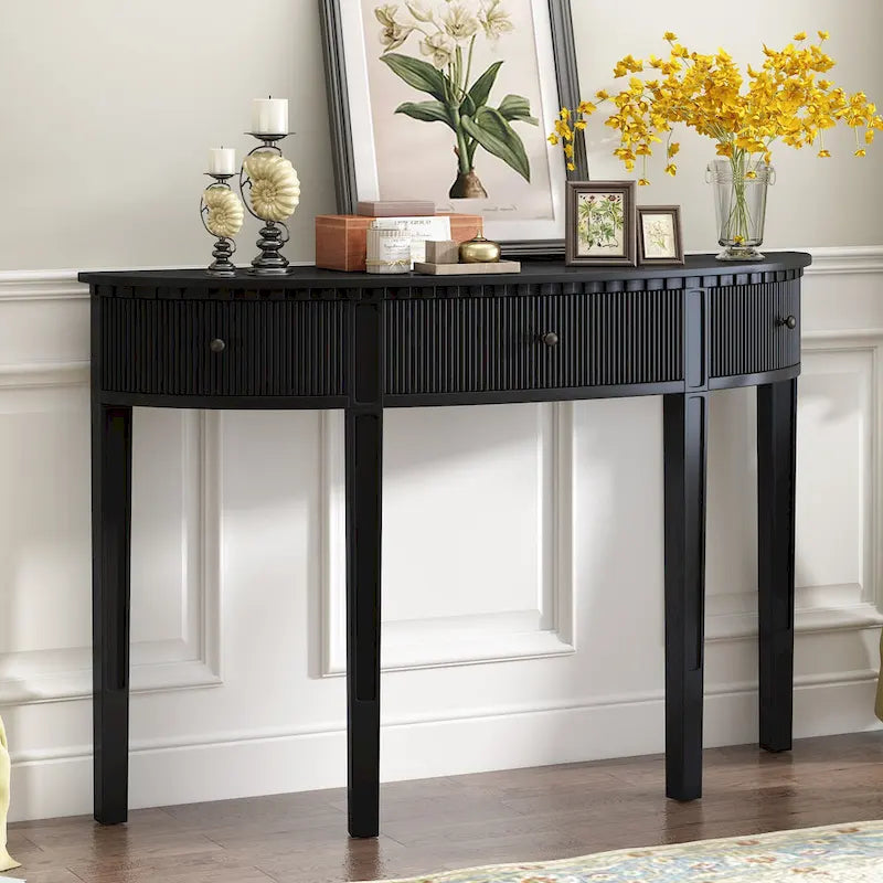 Console noire / bleu marine / blanc antique avec 3 tiroirs à rayures, assemblage par 1 personne, pour entrée et couloir