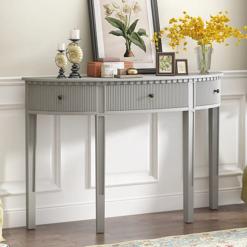 Console noire / bleu marine / blanc antique avec 3 tiroirs à rayures, assemblage par 1 personne, pour entrée et couloir
