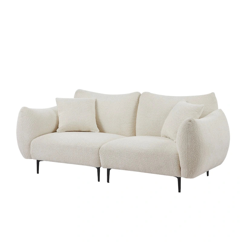 Causeuse 2 places en sherpa blanc avec cadre en bois et 2 oreillers