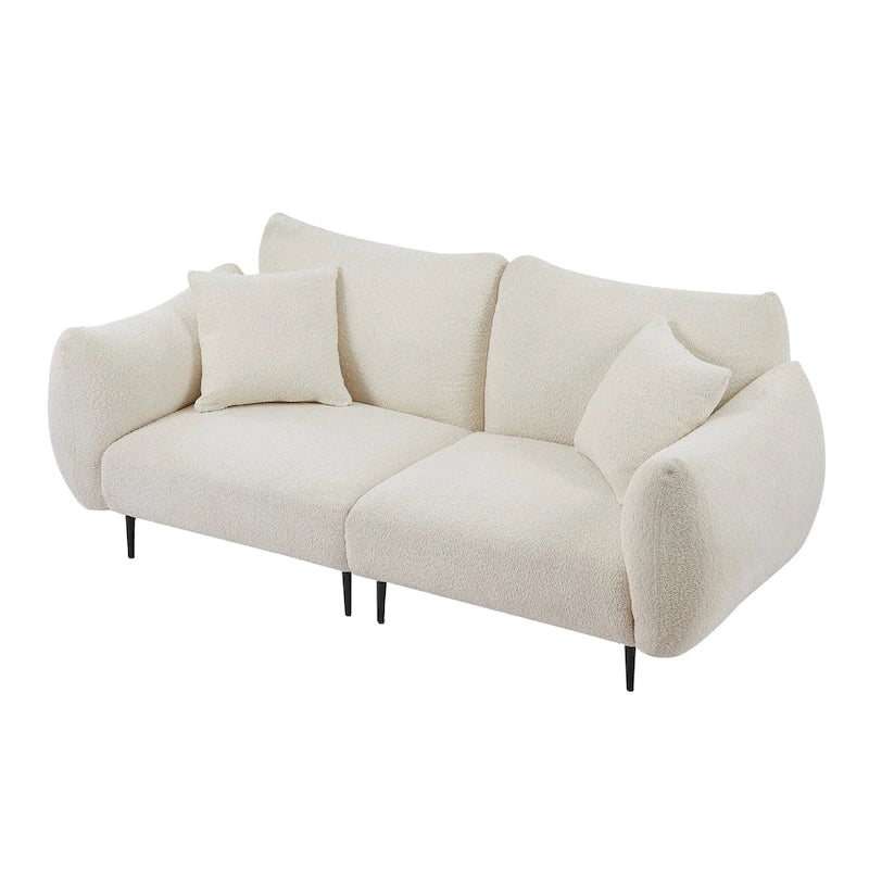Causeuse 2 places en sherpa blanc avec cadre en bois et 2 oreillers