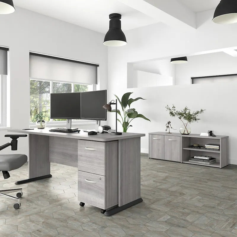 72W Single-Person Computer Desk – Platinum Gray / White / Storm Gray