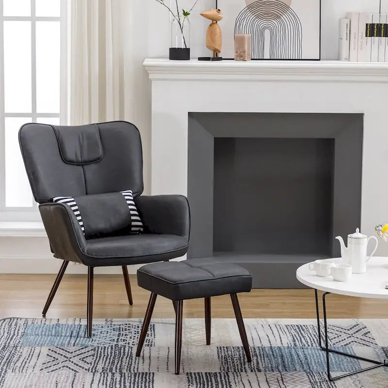 Fauteuil à oreilles en similicuir marron/gris/beige avec repose-pieds, 1 place