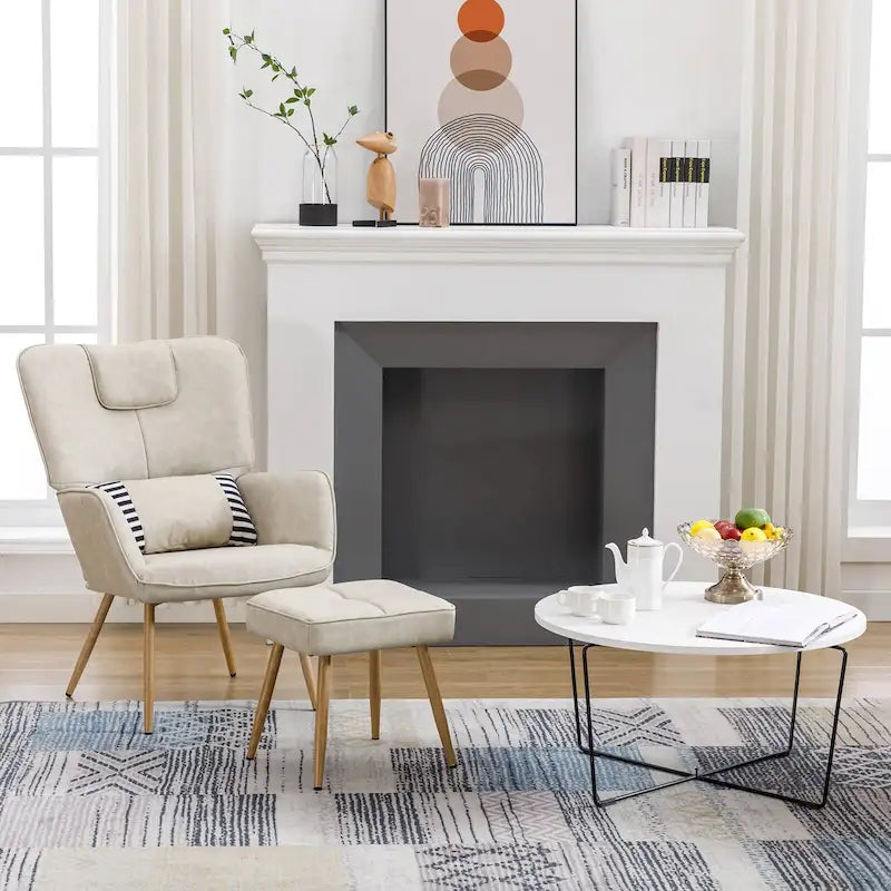 Fauteuil à oreilles en similicuir marron/gris/beige avec repose-pieds, 1 place