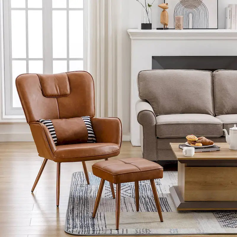 Fauteuil à oreilles en similicuir marron/gris/beige avec repose-pieds, 1 place