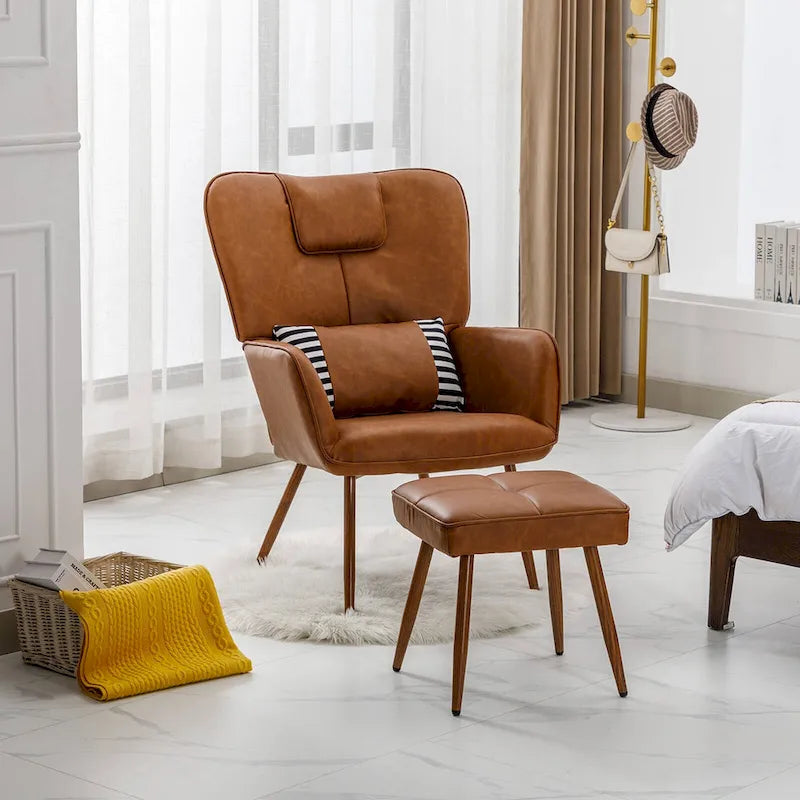 Fauteuil à oreilles en similicuir marron/gris/beige avec repose-pieds, 1 place