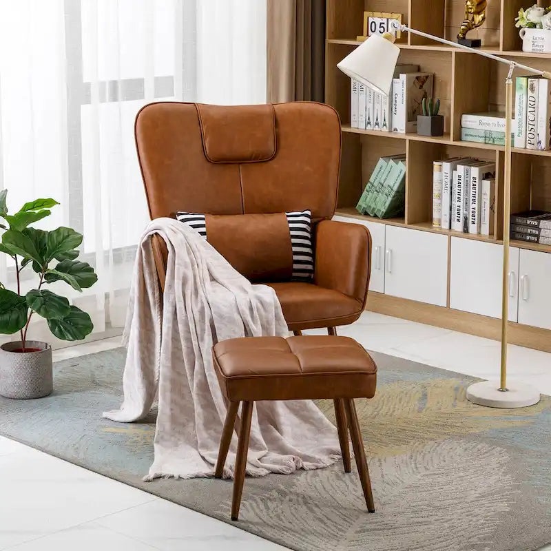 Fauteuil à oreilles en similicuir marron/gris/beige avec repose-pieds, 1 place