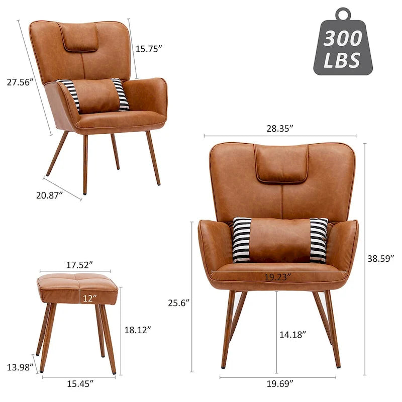 Fauteuil à oreilles en similicuir marron/gris/beige avec repose-pieds, 1 place
