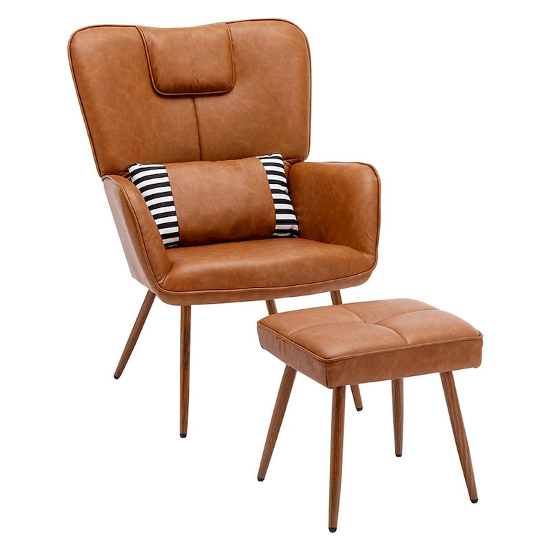 Fauteuil à oreilles en similicuir marron/gris/beige avec repose-pieds, 1 place