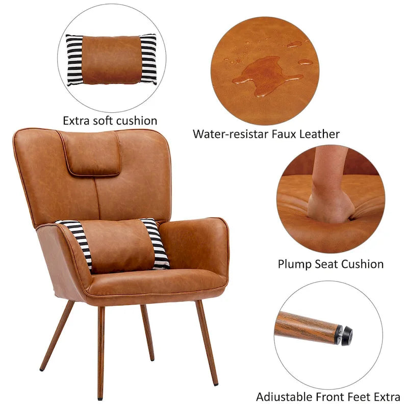Fauteuil à oreilles en similicuir marron/gris/beige avec repose-pieds, 1 place