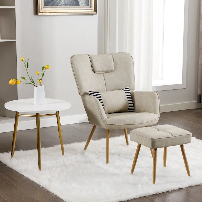 Fauteuil à oreilles en similicuir marron/gris/beige avec repose-pieds, 1 place