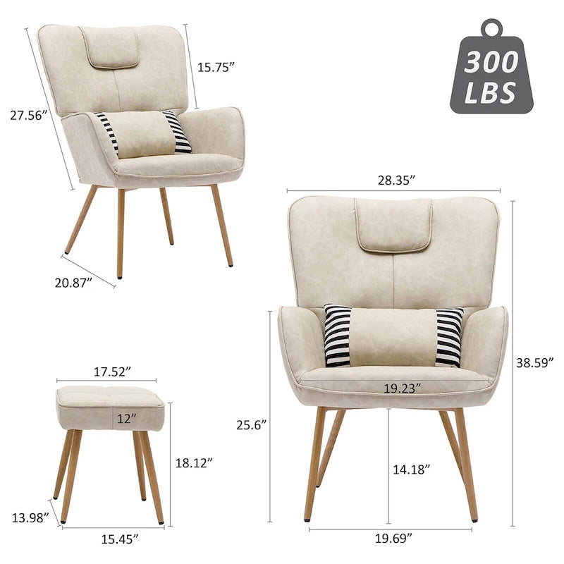 Fauteuil à oreilles en similicuir marron/gris/beige avec repose-pieds, 1 place