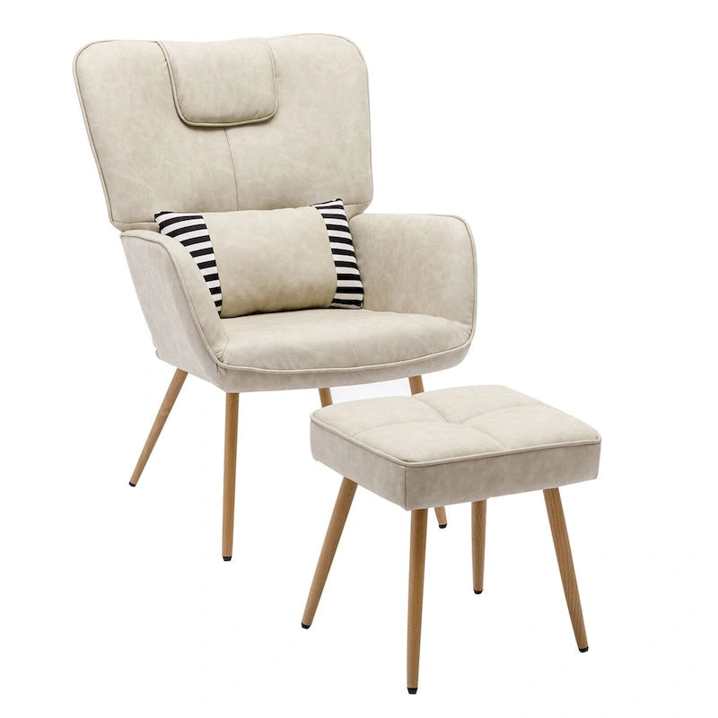 Fauteuil à oreilles en similicuir marron/gris/beige avec repose-pieds, 1 place