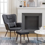 Fauteuil à oreilles en similicuir marron/gris/beige avec repose-pieds, 1 place
