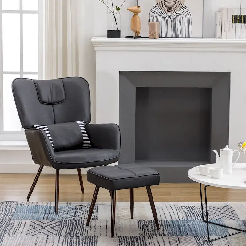 Fauteuil à oreilles en similicuir marron/gris/beige avec repose-pieds, 1 place